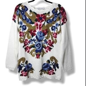 Nuggets Vintage 90s Floral Grandmacore Sweater Ramie Cotton Storybook Size Large